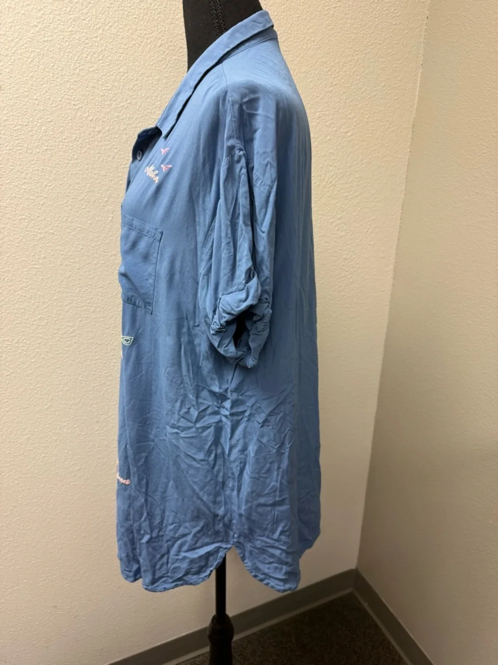 Jasmine Ginger Blue Embroidered Beach Button Shirt Tropical Top Large - Picture 6 of 11